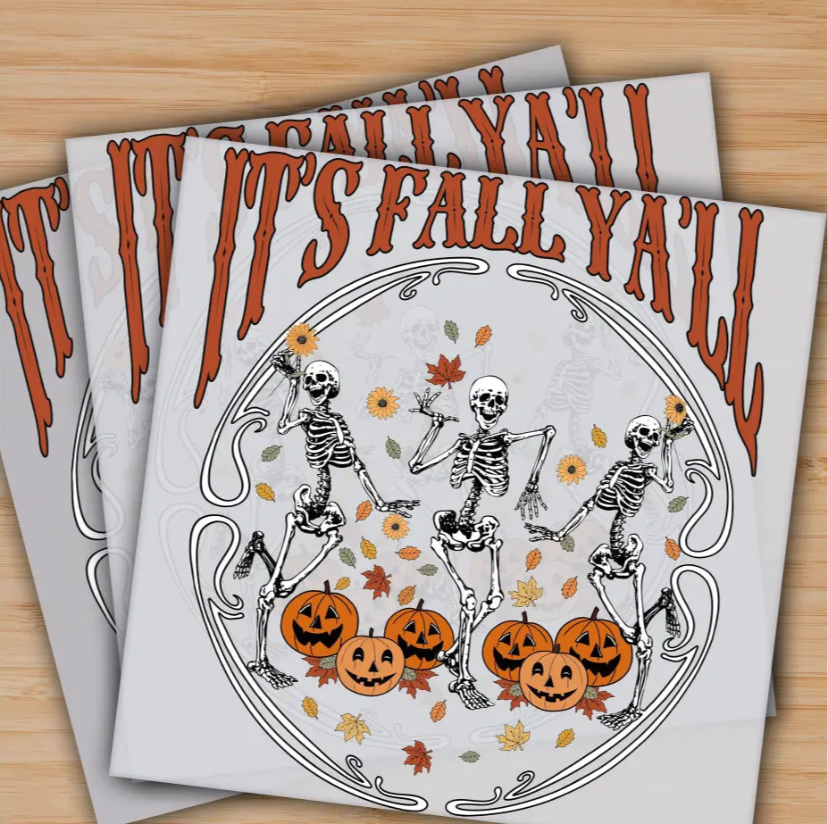 It’s Fall Ya’ll Dancing Skeleton Pumpkin Autumn Ready to Press Personalized Gifts Sublimation DTF Prints Trendy DTF