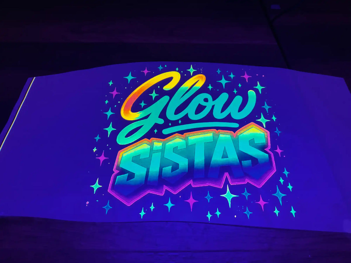 A neon purple banner with the words ’Glow Sistas’ in bright, glowing colors and surrounded by stars.