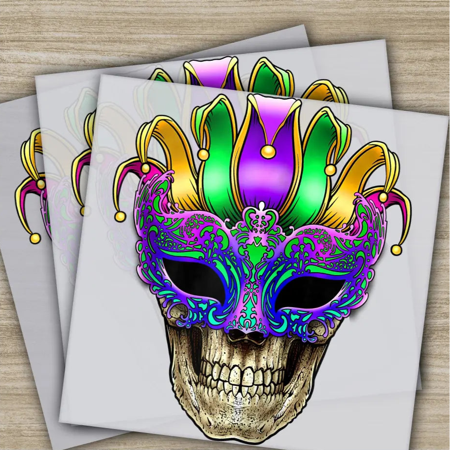 Skull Mask Mardi Gras Transfers Ready to Press Personalized DTF Transfers Mardi Gras Gifts High Quality Heat Press DTF