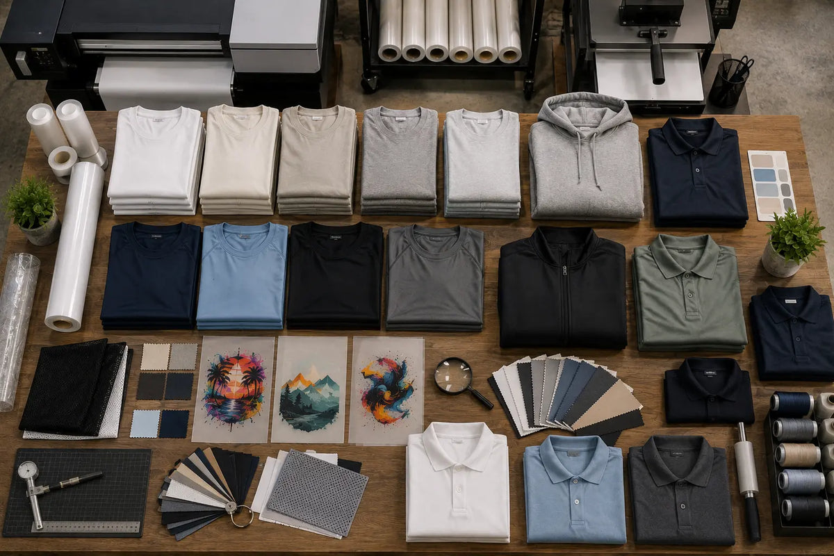 Comparison of premium blank apparel brands including lightweight cotton t-shirts, performance shirts, and athletic apparel selected for hot Texas weather and DTF printing.