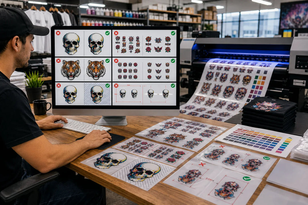 Common DTF gang sheet mistakes including low-resolution artwork, improper spacing, incorrect file formatting, and background errors that can reduce print quality and increase production costs.