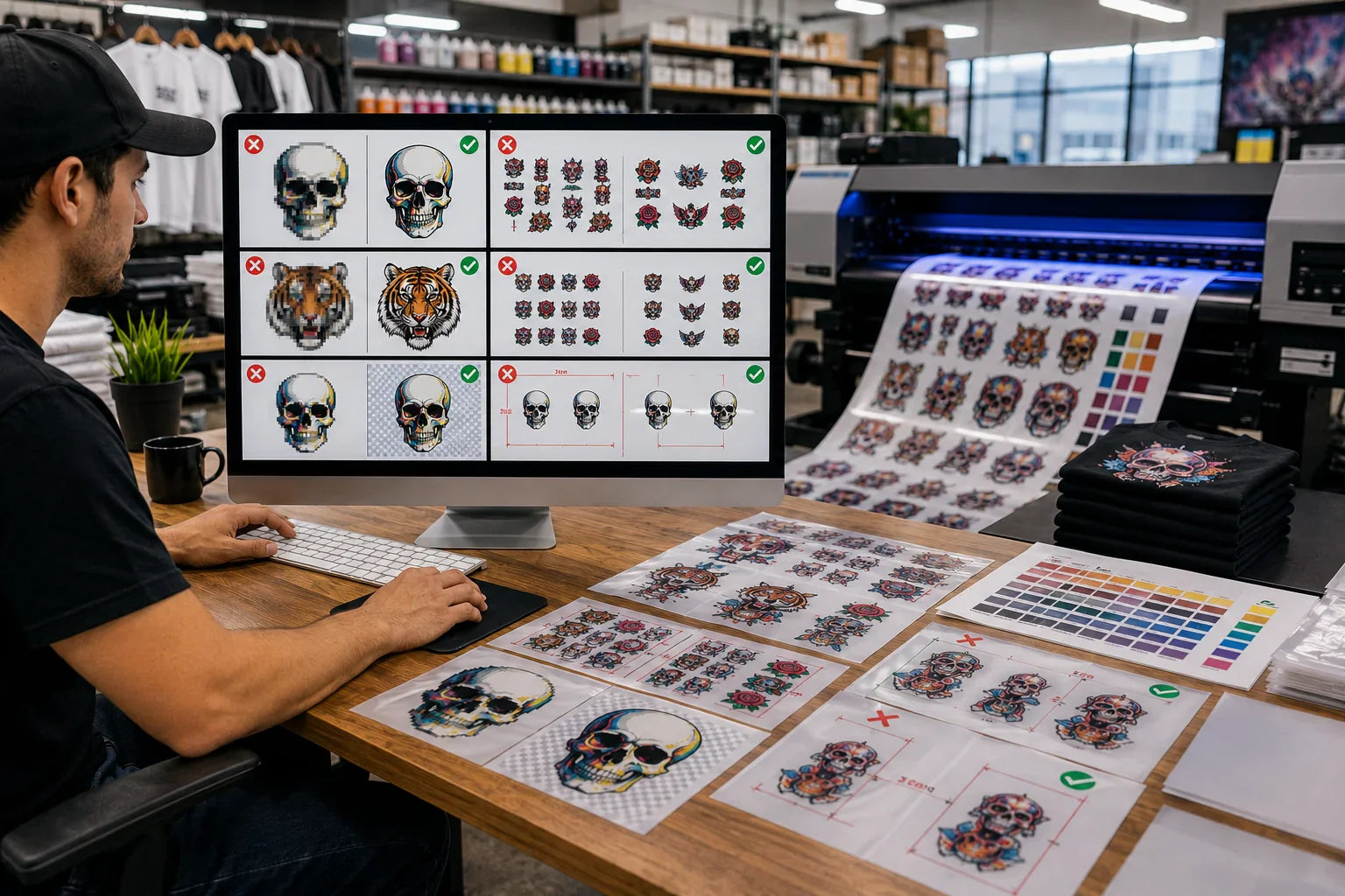 Common DTF gang sheet mistakes including low-resolution artwork, improper spacing, incorrect file formatting, and background errors that can reduce print quality and increase production costs.