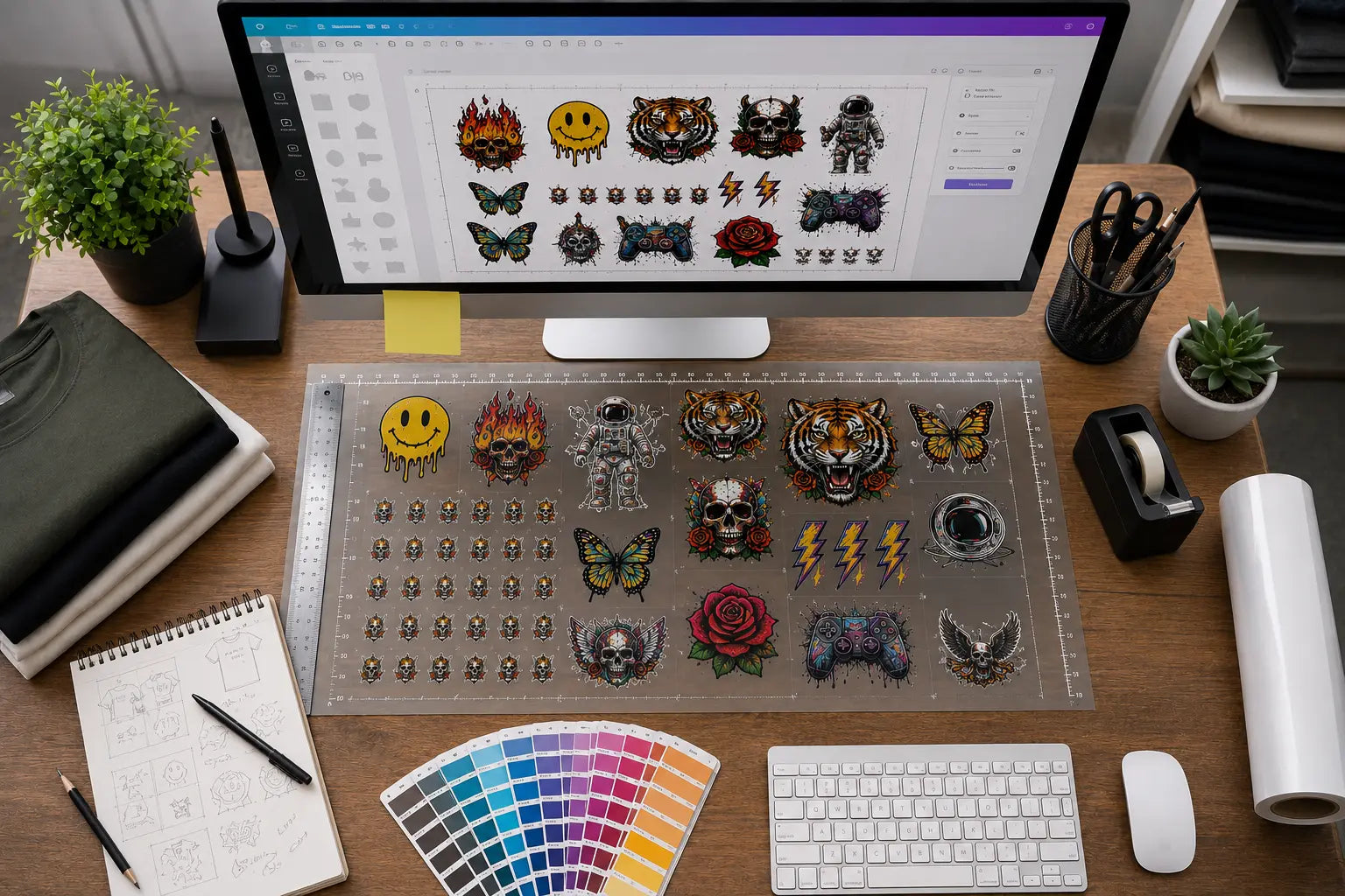 Digital design workspace showing apparel graphics being arranged on a DTF gang sheet layout for custom apparel printing and gang sheet preparation.