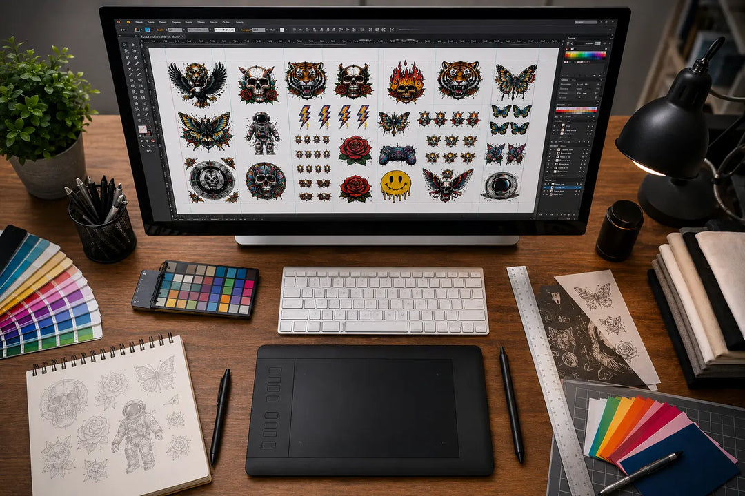 Adobe Illustrator workspace showing vector apparel graphics being arranged on a DTF gang sheet layout for professional custom apparel printing and transfer production.