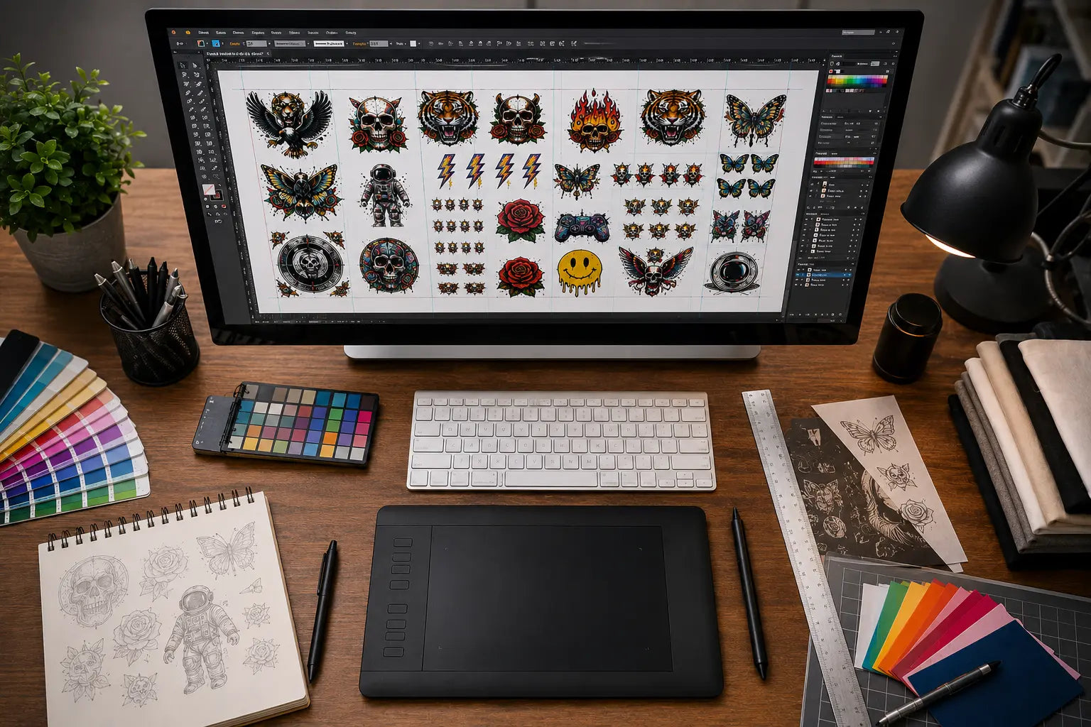 Adobe Illustrator workspace showing vector apparel graphics being arranged on a DTF gang sheet layout for professional custom apparel printing and transfer production.