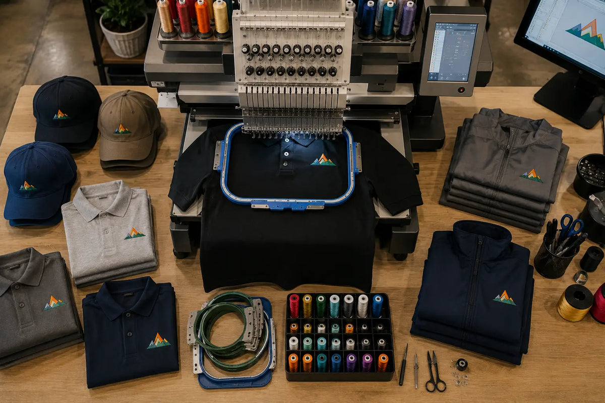 Professional custom embroidery machine stitching a corporate logo on premium apparel at MAYA TX near Austin, Texas.