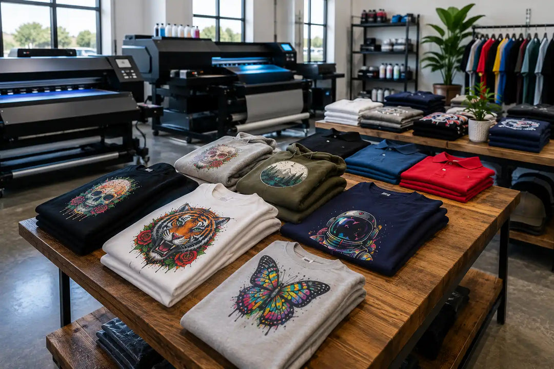Premium custom t-shirt printing facility in Leander, Texas producing colorful apparel for businesses, schools, sports teams, and clothing brands near Cedar Park.