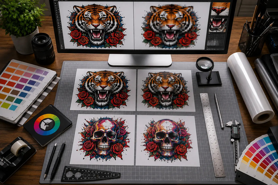 High-resolution versus low-resolution DTF artwork comparison showing image clarity, print detail, pixelation differences, and professional file preparation for custom apparel printing.