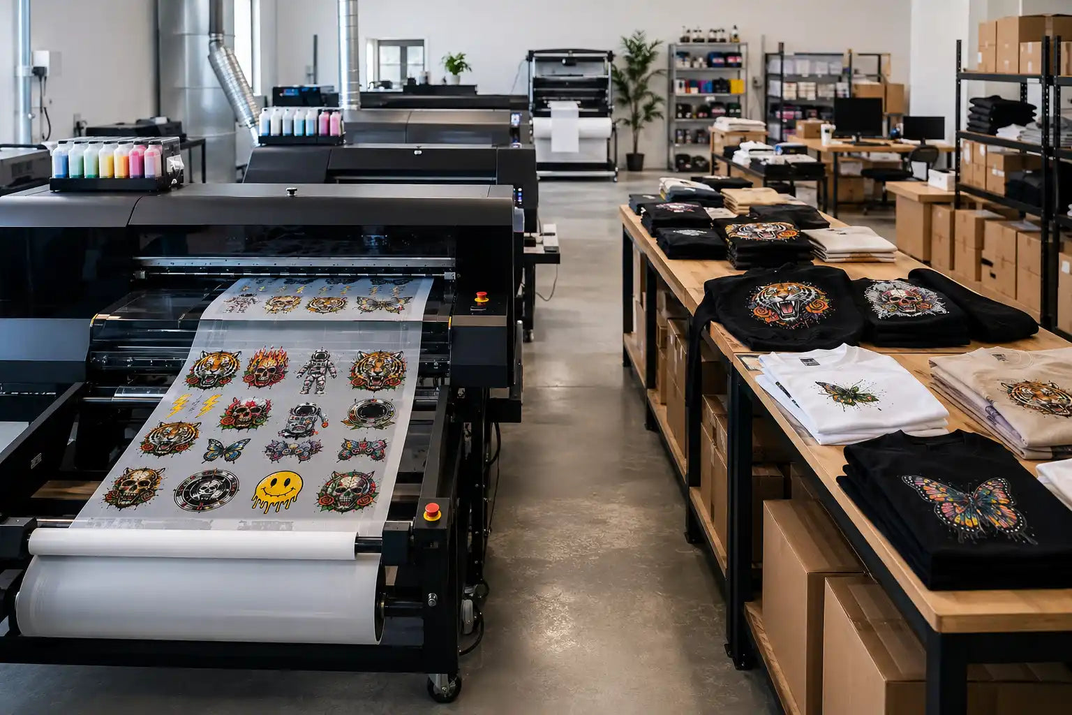 Modern DTF printing facility in the Austin area producing premium custom apparel, gang sheets, and professional DTF transfers for local businesses and clothing brands.