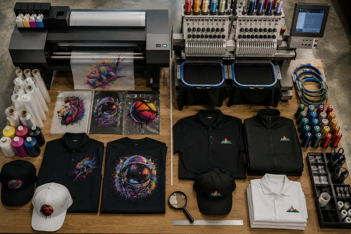Comparison of DTF printing and custom embroidery on corporate apparel including polos, hats, jackets, and branded workwear in a professional production environment.