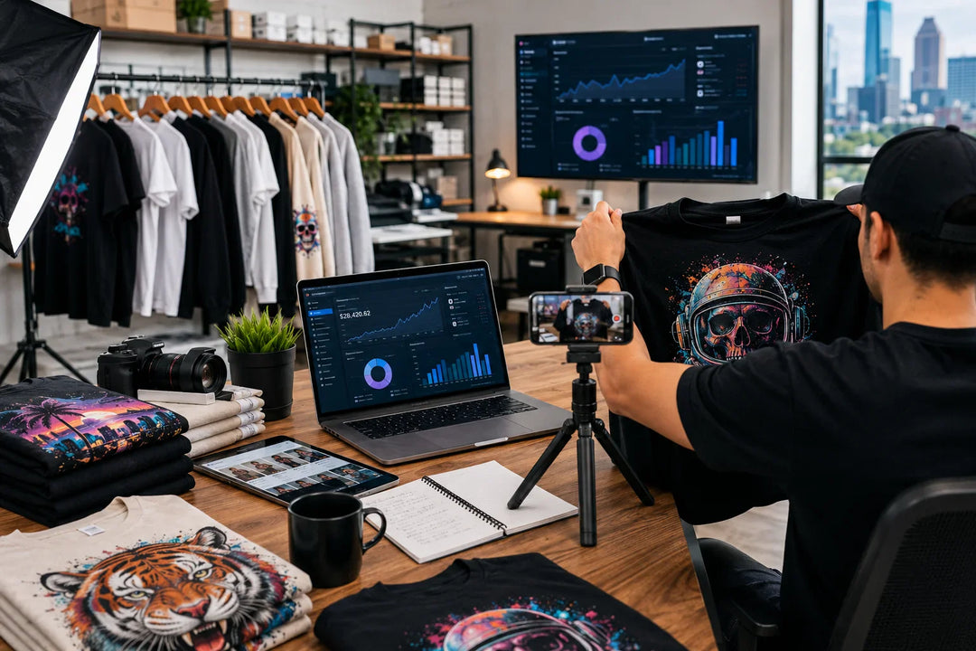Marketing a custom apparel brand in 2026 using social media content, influencer marketing, ecommerce growth strategies, DTF apparel products, and digital advertising to increase sales and brand awareness.