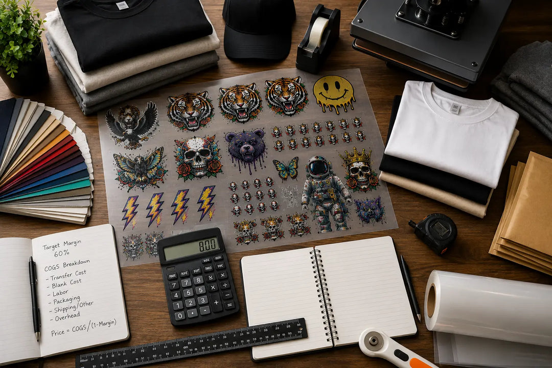 DTF gang sheets, blank apparel, pricing tools, and production materials arranged to represent cost calculation, profit margin planning, and custom apparel business growth.