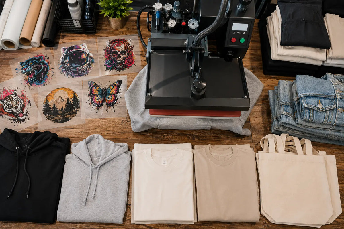 Professional commercial heat press service applying premium DTF transfers to customer-supplied apparel in Leander near Austin, Texas.