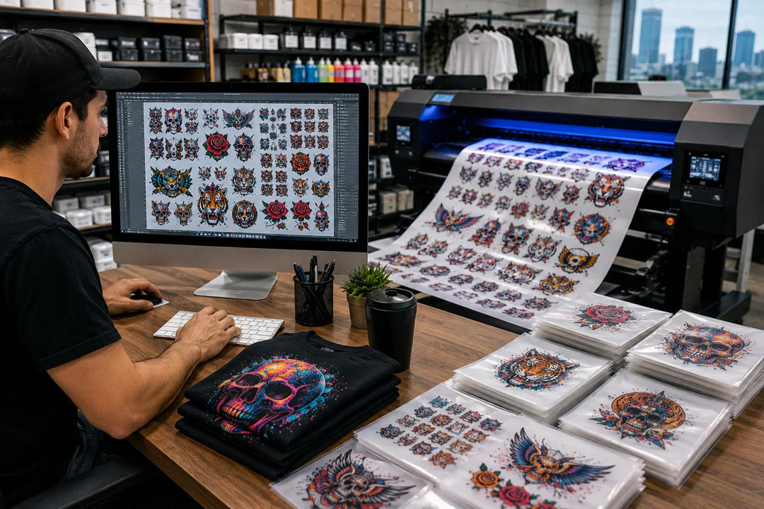 Optimizing a 22-inch DTF gang sheet with multiple transfer designs, logos, sleeve prints, neck labels, and full-color graphics arranged efficiently to maximize printable space and reduce production costs.