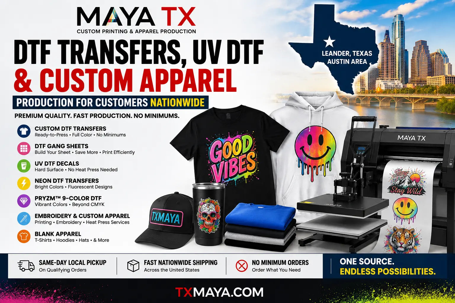 MAYA TX Expands Texas-Based DTF Transfer, UV DTF and Custom Apparel Production for Customers Nationwide