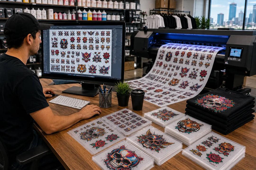 Optimizing DTF gang sheets with multiple logos, sleeve prints, neck labels, and full-color apparel graphics arranged efficiently to maximize printable space and reduce production costs.
