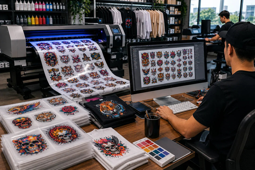 Optimizing DTF gang sheets for custom apparel printing, featuring multiple transfer designs arranged efficiently on DTF film to reduce costs, maximize print space, and improve production efficiency.