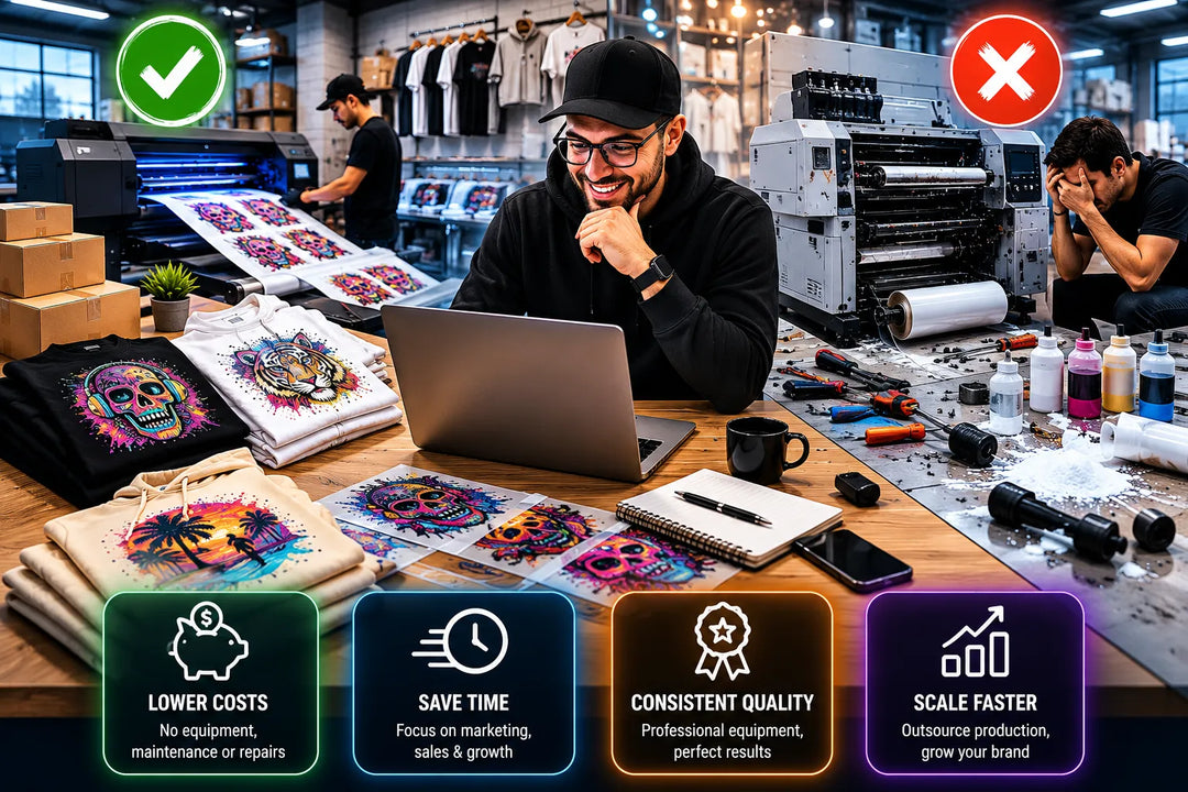 Comparison of outsourcing DTF production versus owning a DTF printer, showing custom apparel manufacturing, cost savings, business scalability, and professional DTF transfer production services.