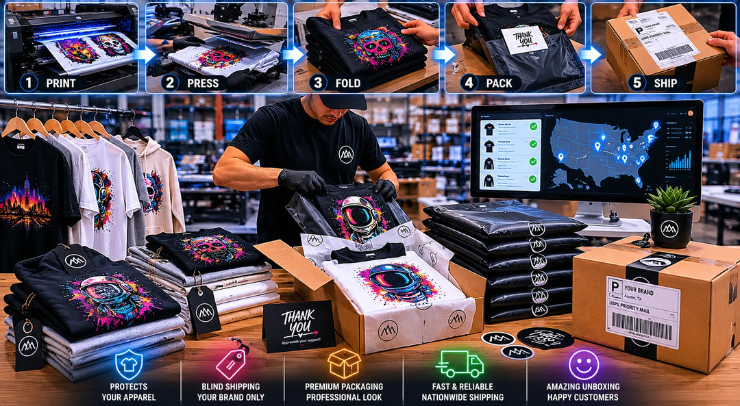 White label DTF apparel packaging and shipping process featuring custom t-shirts, branded poly mailers, blind shipping, fulfillment operations, and professional ecommerce apparel delivery by MAYA TX in Austin, Texas.