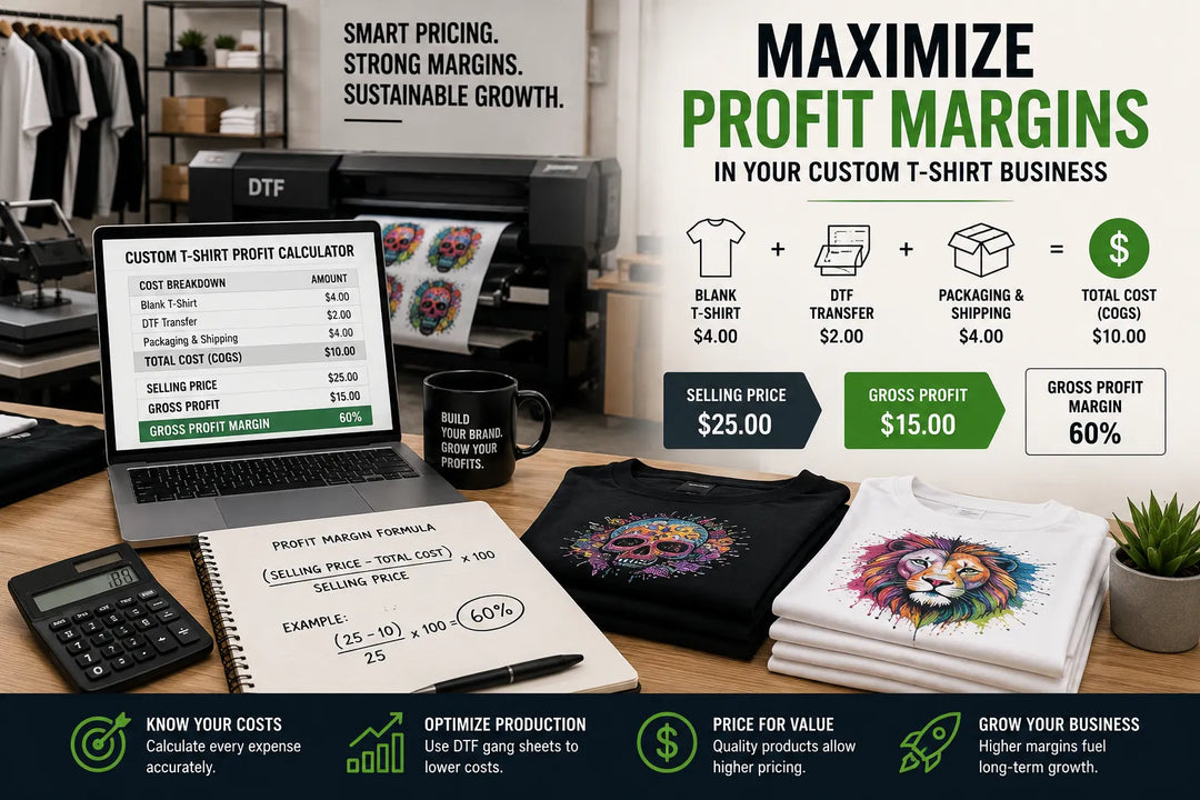 Profit margins for a custom t-shirt business using DTF printing, showing cost calculations, apparel production workflow, gang sheet savings, and pricing strategies to maximize profitability.