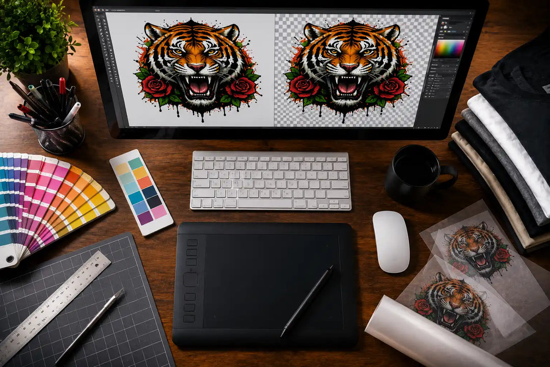 Professional graphic design workspace showing transparent PNG artwork, background removal process, clean image edges, and print-ready DTF file preparation for custom apparel.