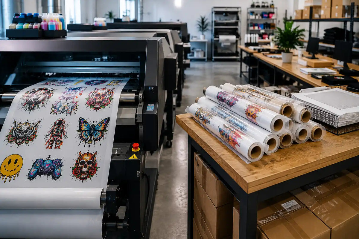 Rush DTF transfer production in a modern print facility showing freshly printed gang sheets prepared for same-day local pickup in the Austin metro area.