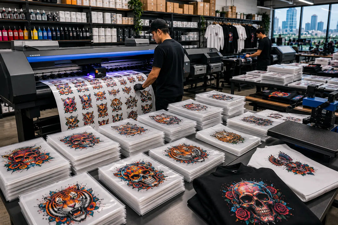 Wholesale DTF transfers for print shops featuring gang sheet printing, ready-to-press transfer production, commercial DTF printers, custom apparel decoration, and premium full-color apparel graphics by MAYA TX.