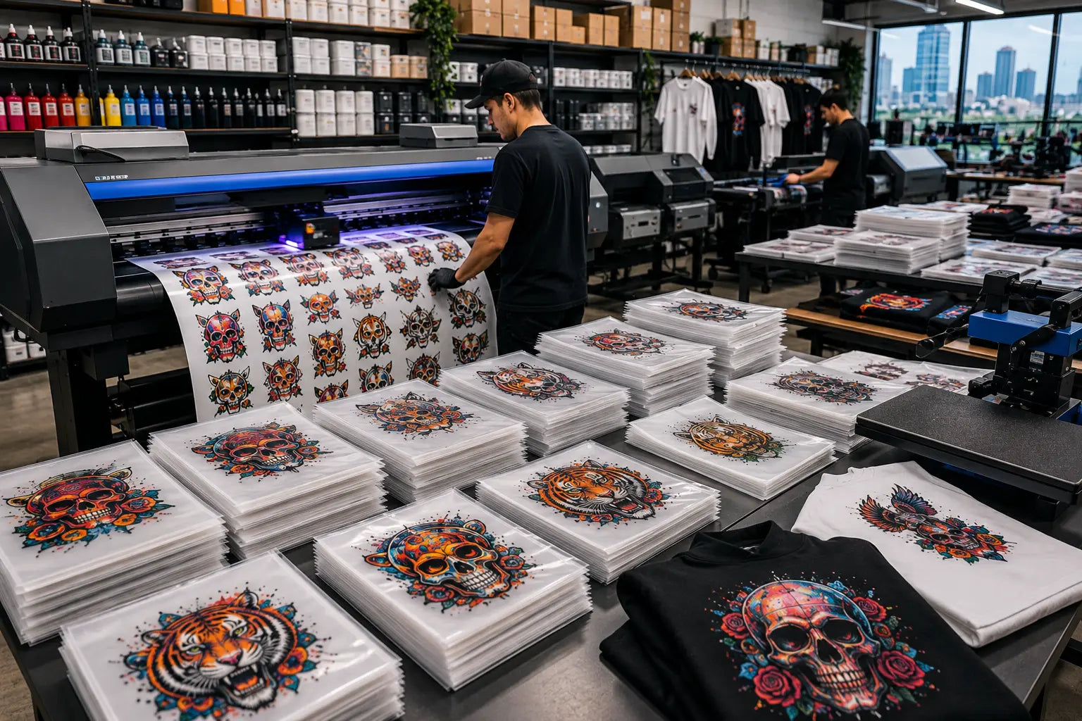 Wholesale DTF transfers for print shops featuring gang sheet printing, ready-to-press transfer production, commercial DTF printers, custom apparel decoration, and premium full-color apparel graphics by MAYA TX.