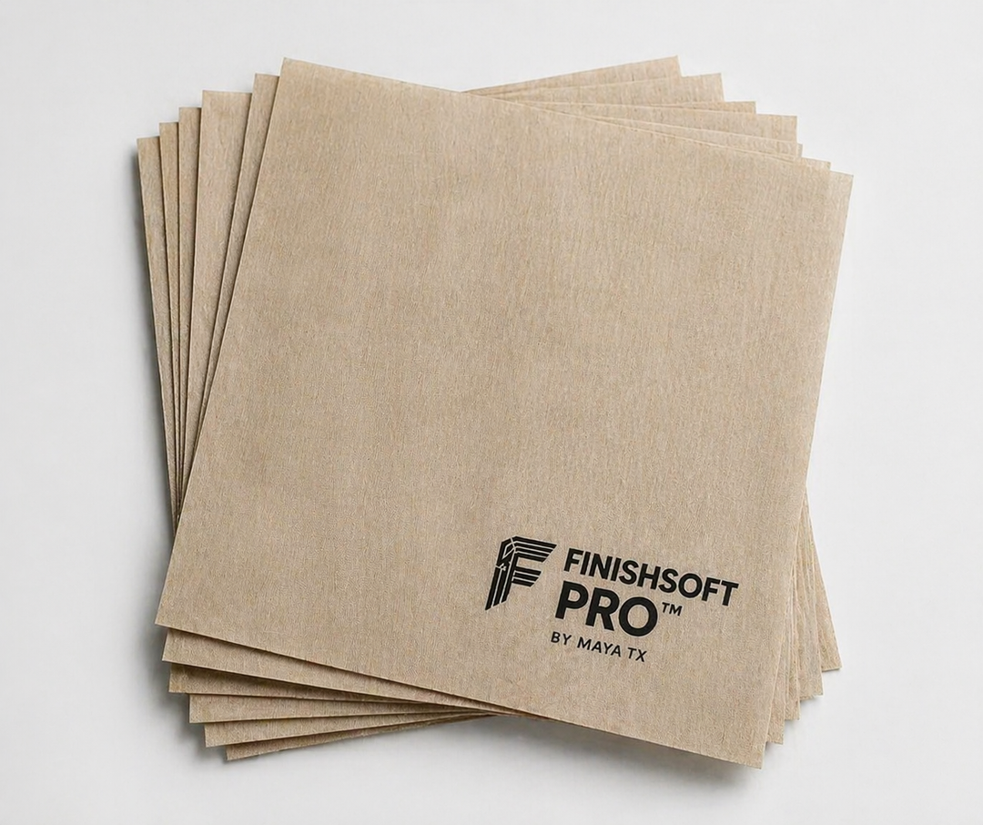MAYA TX DTF print comparison showing shiny vs matte DTF finish using Finishsoft Pro finishing sheets with heat press application for soft-touch transfers