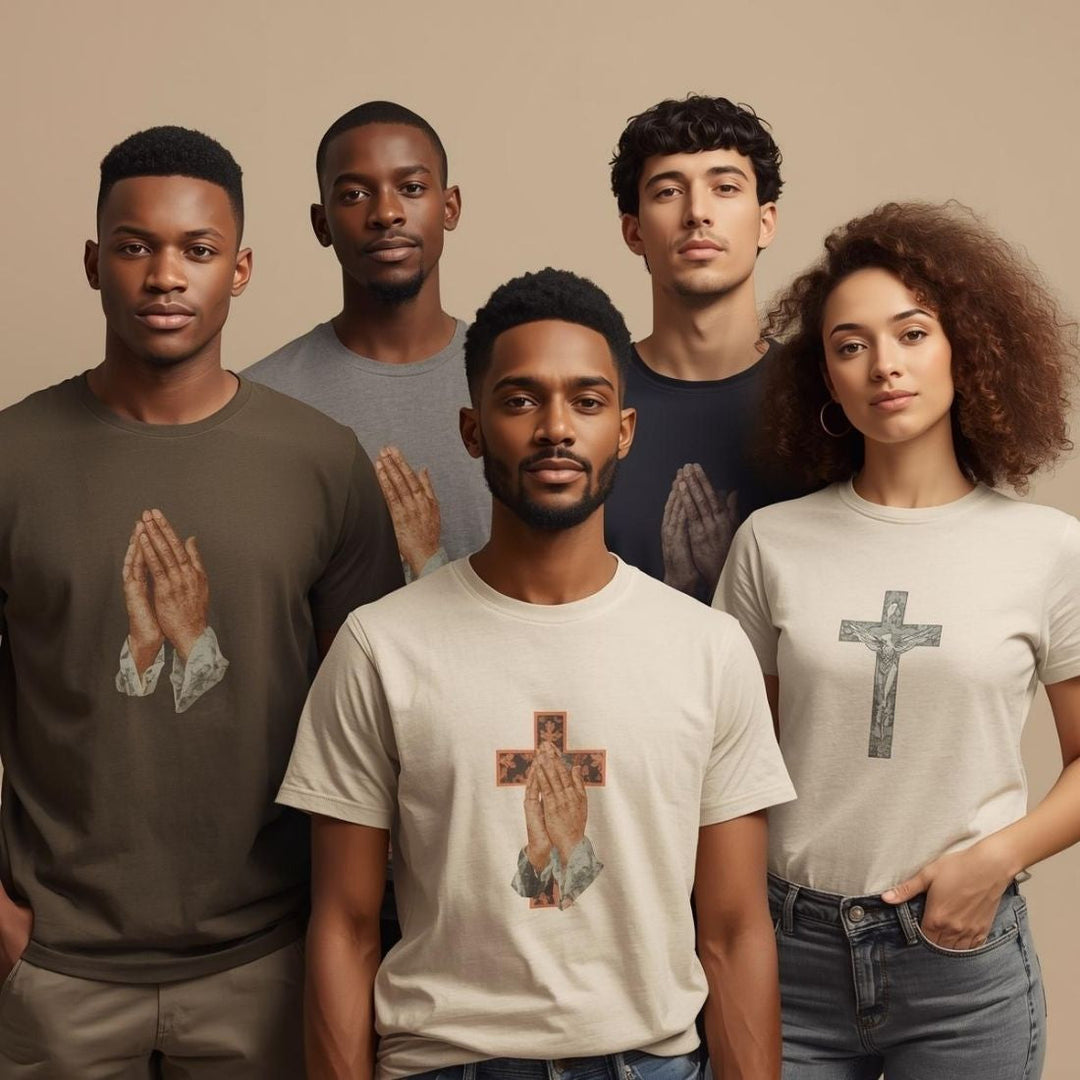 Faith and religion inspired t-shirts printed with DTF transfers featuring Christian symbols