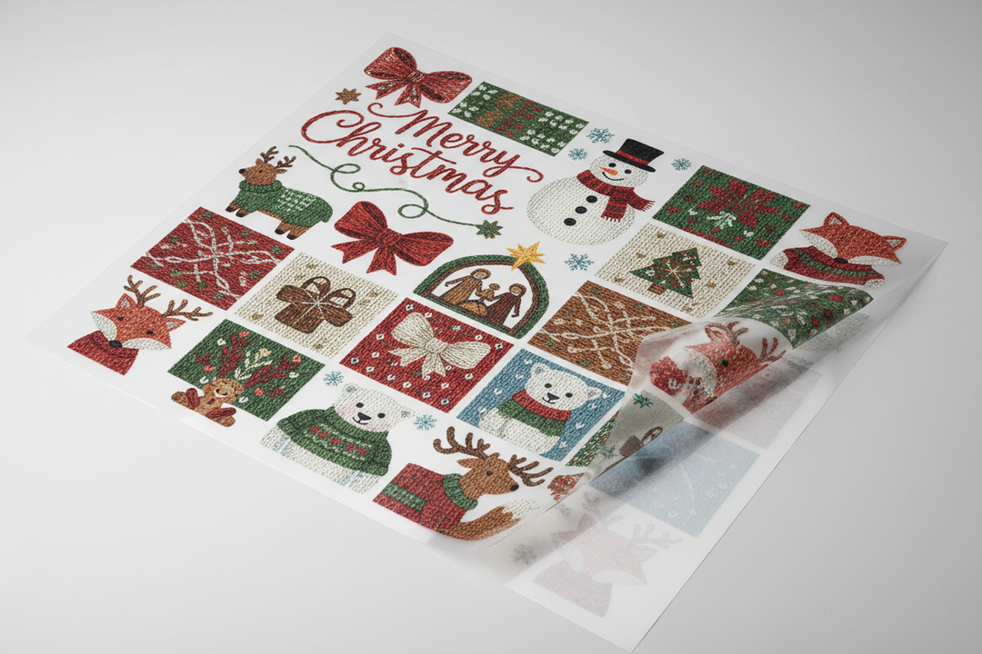 Faux yarn style holiday DTF transfer sheet featuring knitted-look Christmas designs ready to press
