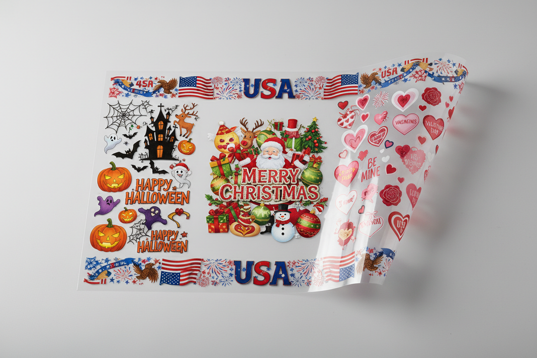 Holiday and seasonal DTF transfer sheet featuring Christmas, Halloween, Valentine’s Day, and Fourth of July designs