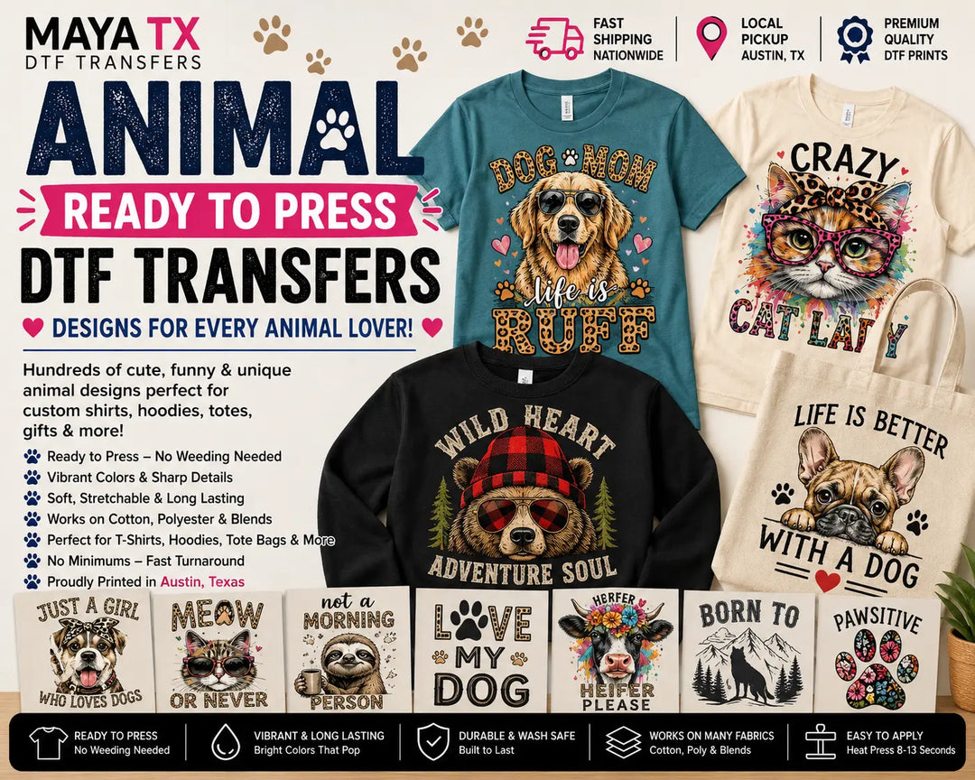 Premium Animal Ready to Press DTF Transfers featuring dogs, cats, wildlife, and pet lover designs for custom apparel.