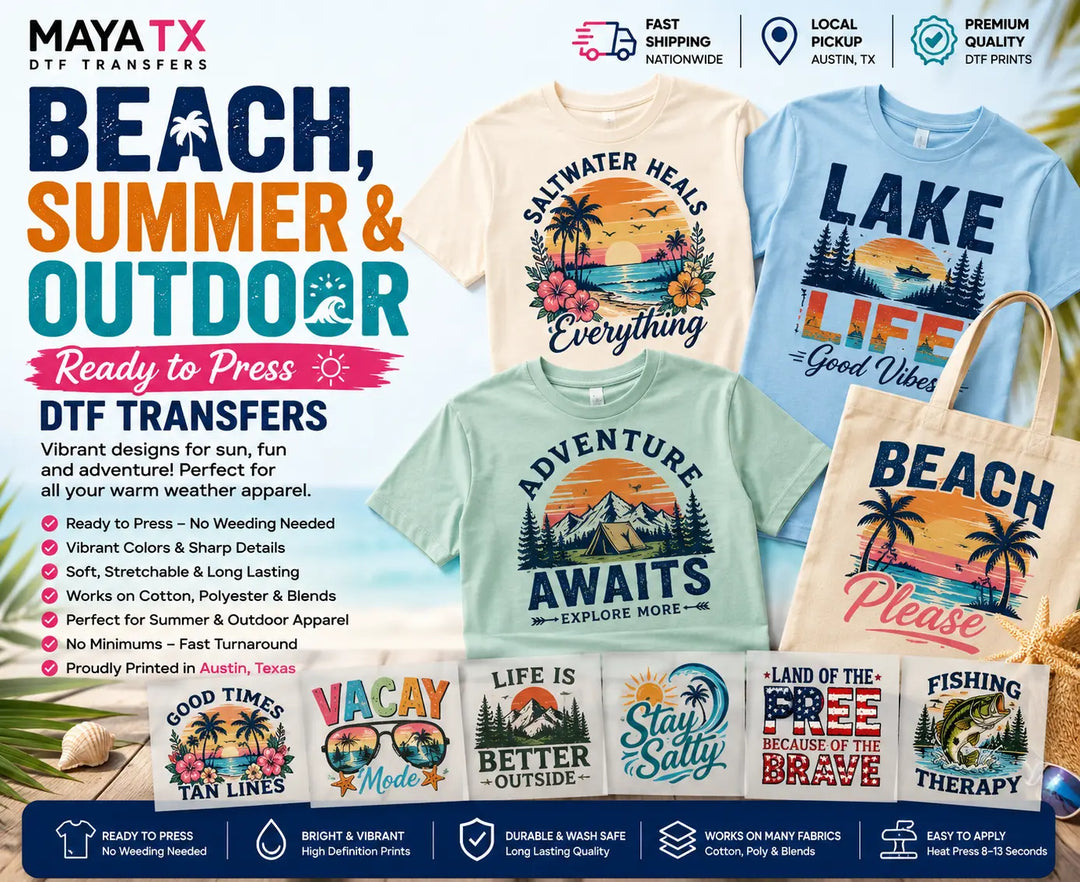 Premium Beach, Summer & Outdoor Ready to Press DTF Transfers featuring beach, tropical, lake life, camping, fishing, vacation, patriotic, and outdoor adventure designs for custom t-shirts, tank tops, tote bags, and summer apparel.