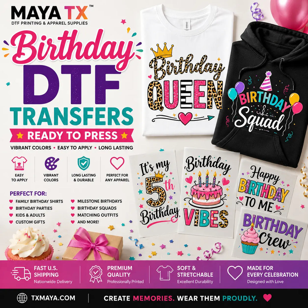 Birthday Ready to Press DTF Transfers featuring birthday party designs, matching family birthday shirts