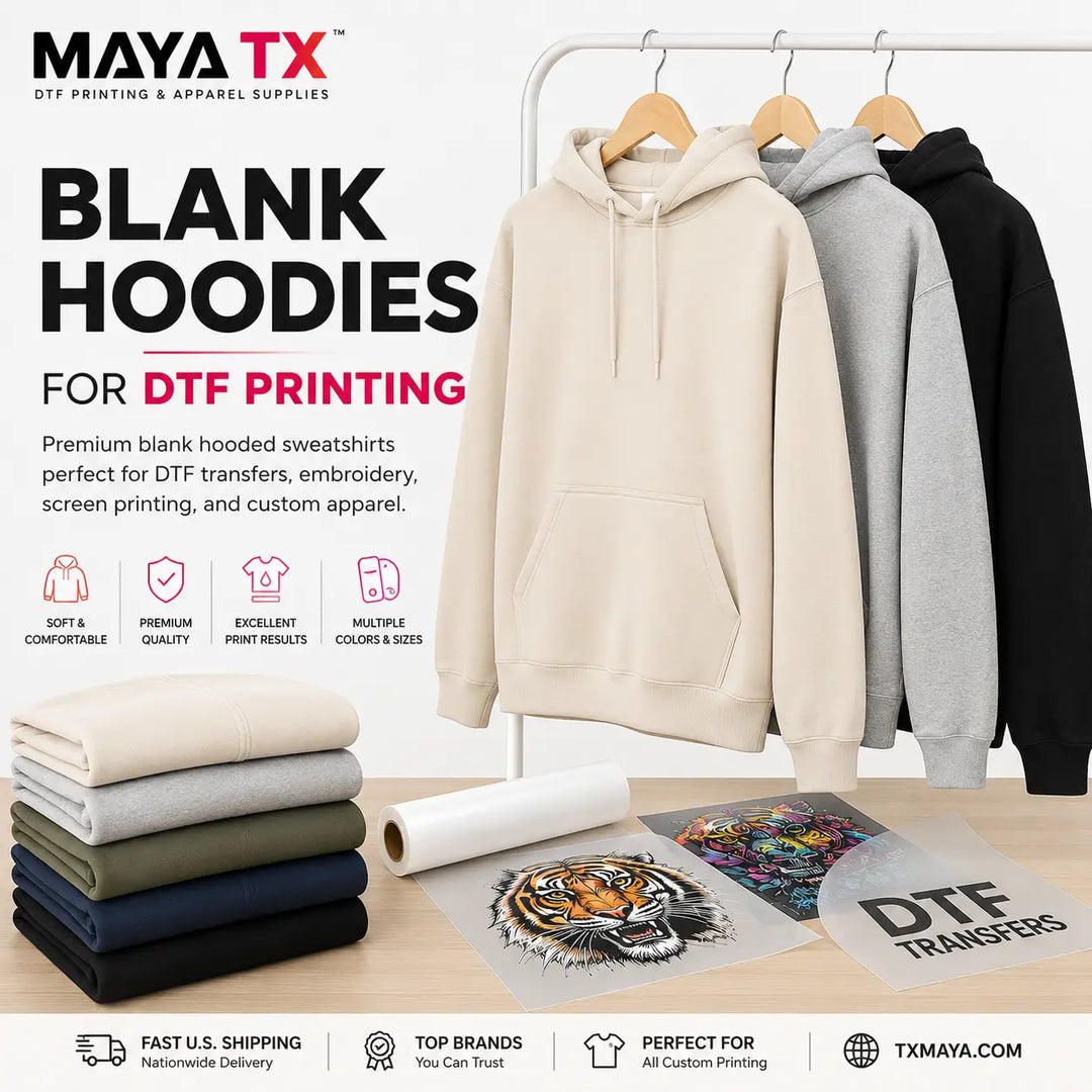 Premium blank hoodies for DTF printing, embroidery, screen printing, and custom apparel available in multiple colors and sizes from MAYA TX.