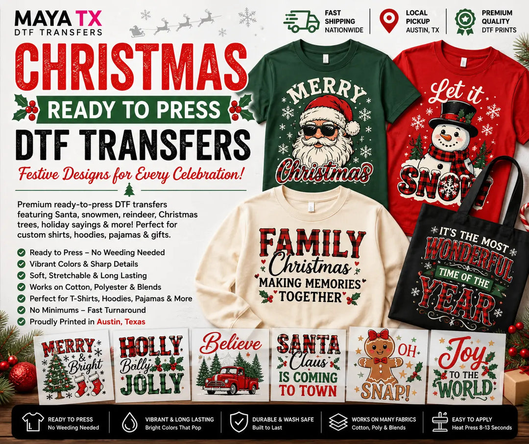 Premium Christmas Ready to Press DTF Transfers featuring Santa, reindeer, snowmen, festive holiday designs, and winter graphics for custom apparel.