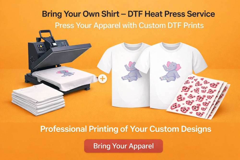 Bring your own t-shirts for professional DTF heat press service in Austin, Texas.