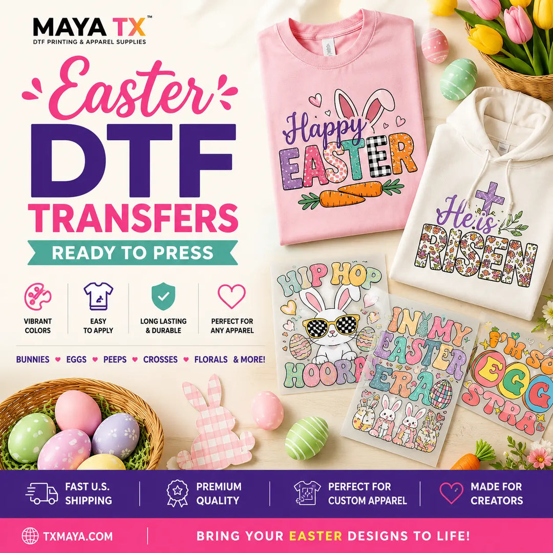 Colorful Easter Ready to Press DTF Transfers featuring Easter bunnies, eggs, Peeps, floral designs, and Christian Easter graphics for custom t-shirts, hoodies, sweatshirts, tote bags, and seasonal apparel from MAYA TX.