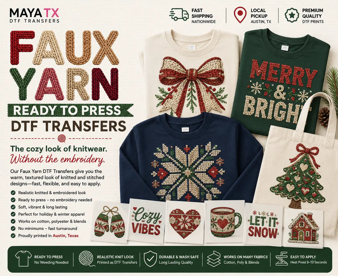 Premium Faux Yarn Ready to Press DTF Transfers featuring realistic knit-style, embroidered-look, stitched, and crochet-inspired designs for custom t-shirts, hoodies, sweatshirts, holiday apparel, and winter clothing.