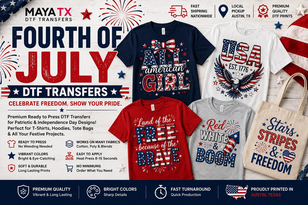 Premium Fourth of July Ready to Press DTF Transfers featuring patriotic USA, American flag, fireworks, eagle, and Independence Day designs.