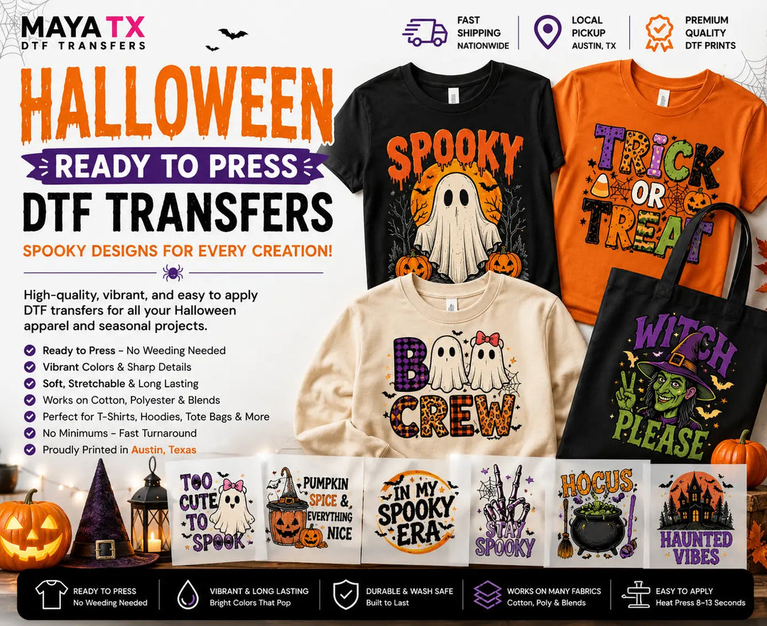 Premium Halloween Ready to Press DTF Transfers featuring pumpkins, ghosts, witches, spooky designs, and fall graphics for custom apparel.
