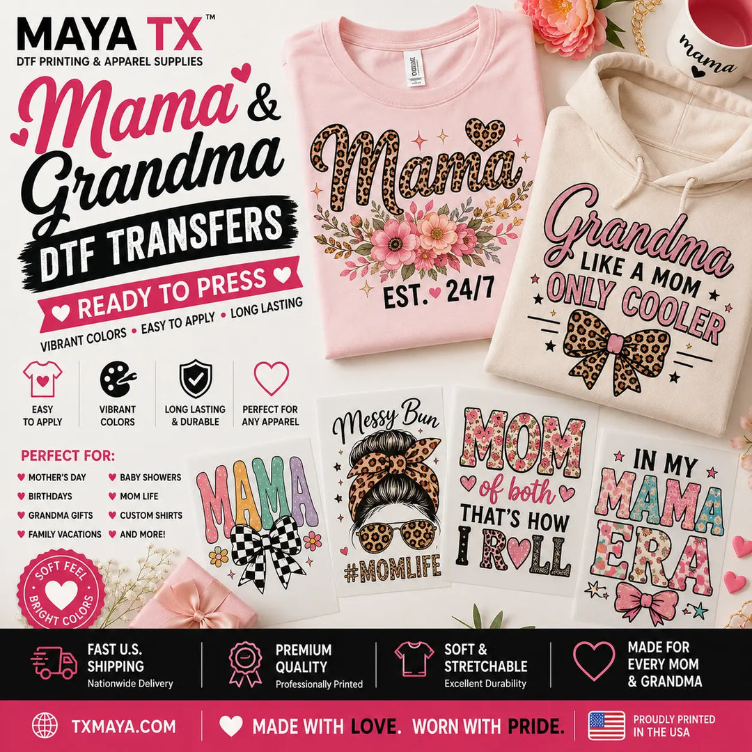 Mama and Grandma Ready to Press DTF Transfers featuring Mother's Day designs, floral Mama graphics, Grandma quotes, coquette bows, family sayings, and premium heat transfers for custom t-shirts, hoodies, sweatshirts,