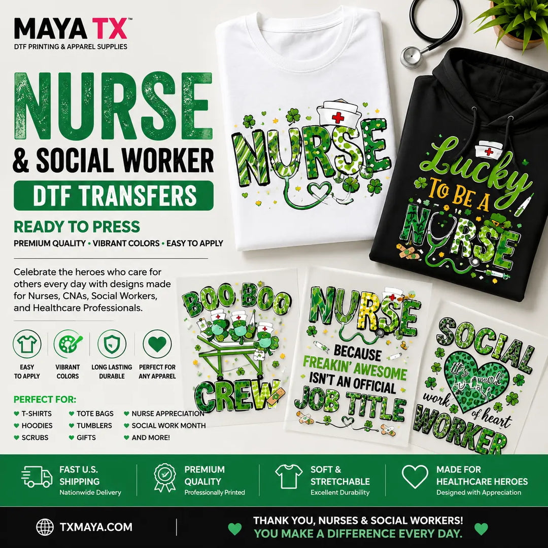 Nurse and Social Worker Ready to Press DTF Transfers featuring RN, CNA, healthcare, medical, and social work designs for custom t-shirts, hoodies, tote bags, and appreciation apparel from MAYA TX.