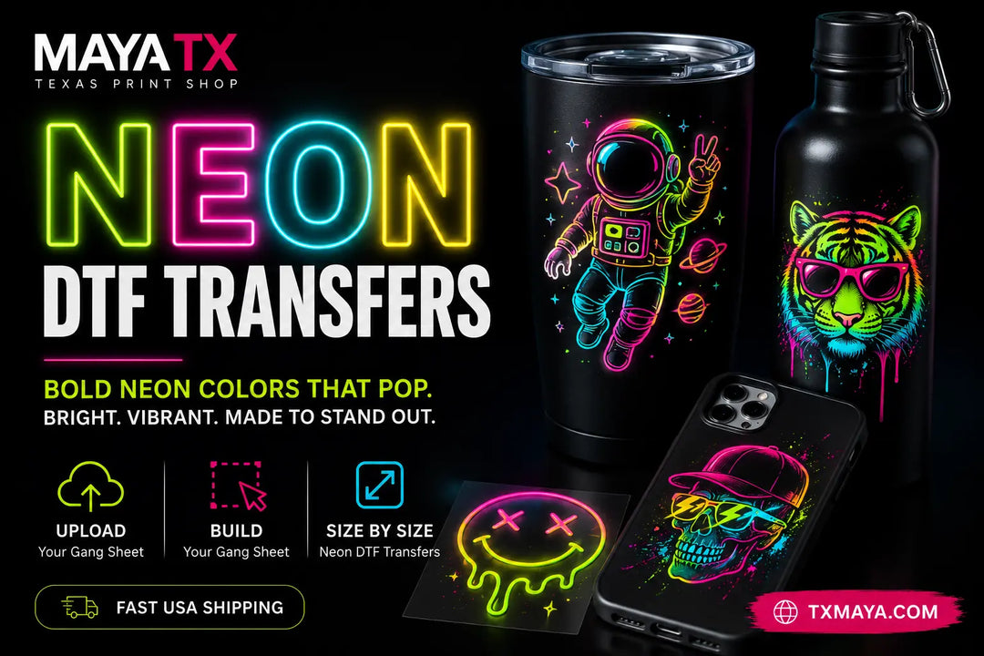 Premium Neon DTF Transfers with fluorescent colors featuring Upload, Build, and Size by Size options by MAYA TX.