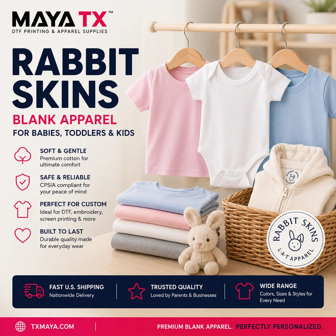 Rabbit Skins blank baby bodysuits, toddler t-shirts, and youth apparel for DTF printing, embroidery, and custom decoration available at MAYA TX.