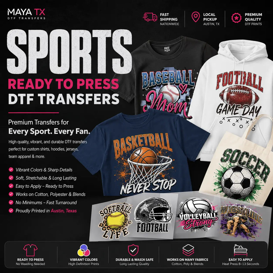 Premium Sports Ready to Press DTF Transfers featuring baseball, football, basketball, soccer, softball, volleyball, and wrestling designs for custom t-shirts, hoodies, jerseys, and team apparel.