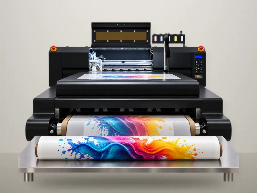 22-inch DTF transfer film roll with a full-color gang sheet print coming off the printer at MAYA TX