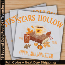 Load image into Gallery viewer, two flyers for a fall festival with a cup of coffee
