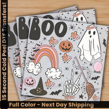 Load image into Gallery viewer, a pair of halloween coloring sheets with a ghost and a rainbow
